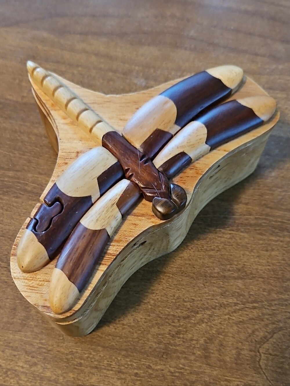 Handcrafted Wooden Intarsia Dragonfly Secret Puzzle Trinket Box